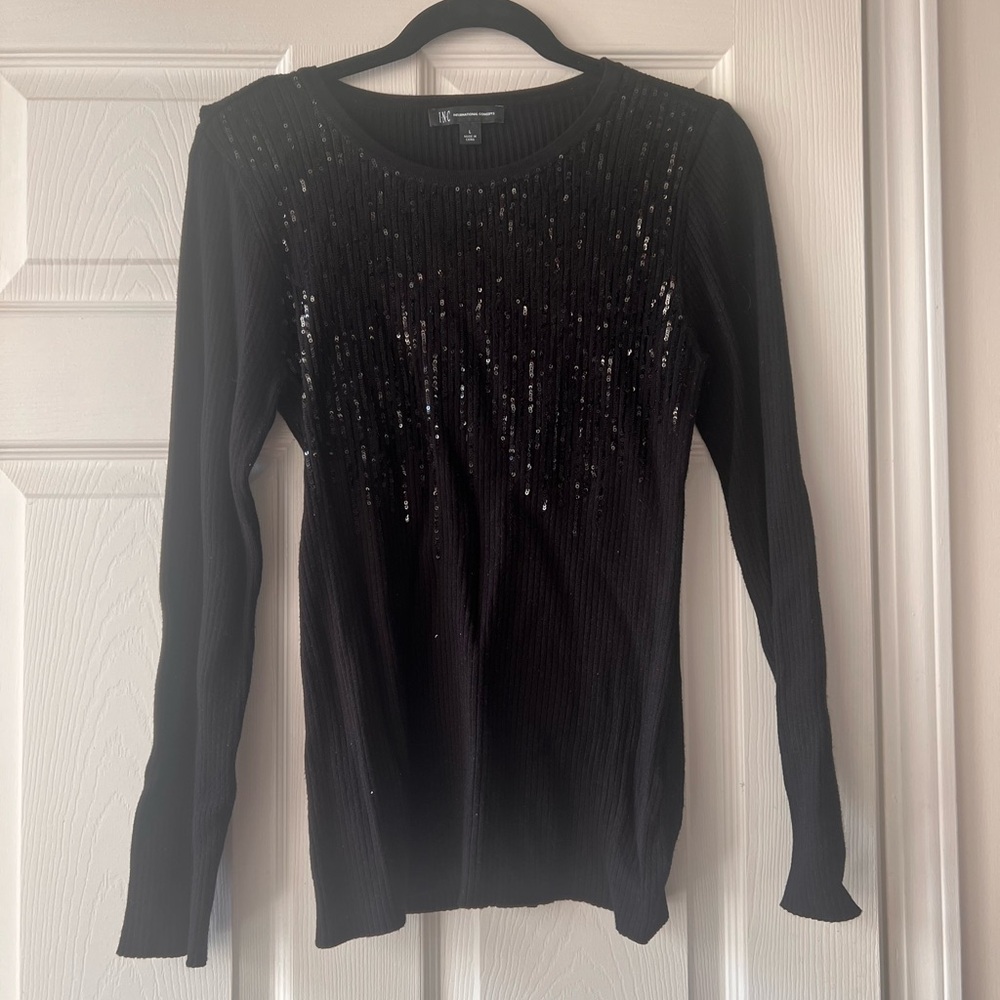 INC International Concepts Black Sequin Long Sleeve Top